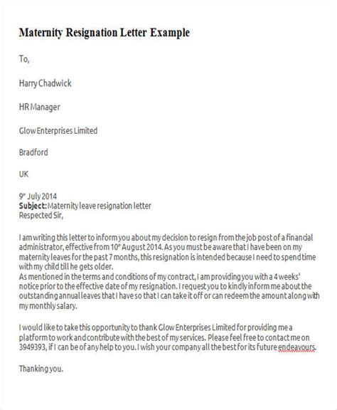 what to write in a resignation letter after maternity leave