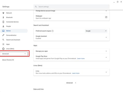 where is advanced settings on my chromebook