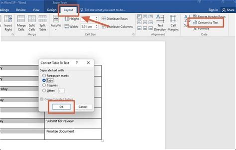 where is convert table to text in word