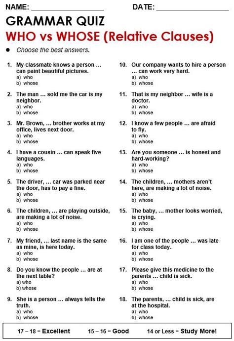 who whom whose relative clause exercises