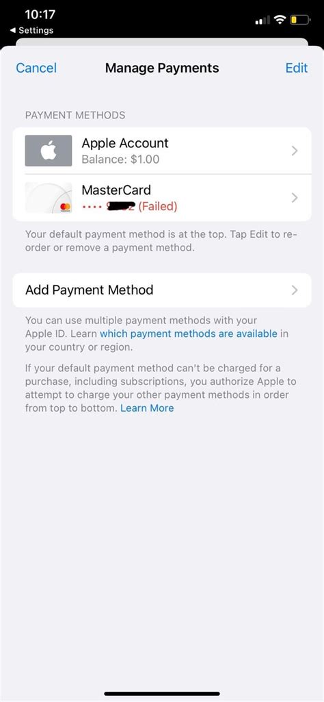 why can't i update payment method on iphone