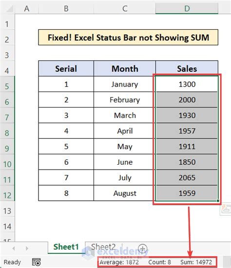 why isn't excel showing sum in status bar