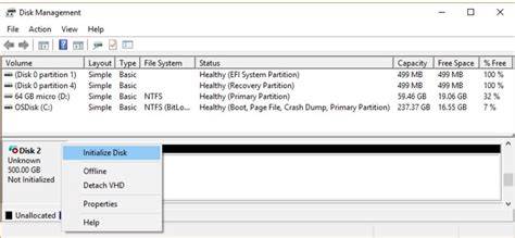 Disk Management showing uninitialized disk