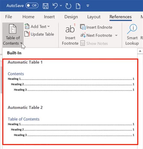 word automatically generate table of contents