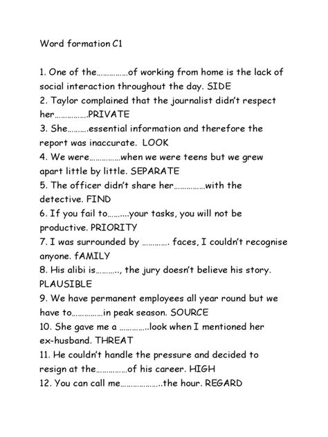 word formation exercises c1 level pdf
