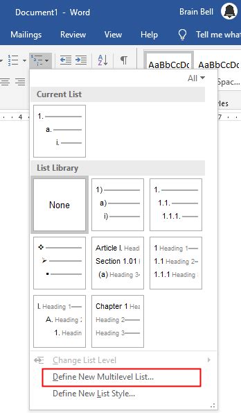 word modify multilevel list style