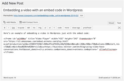 wordpress html video embed code