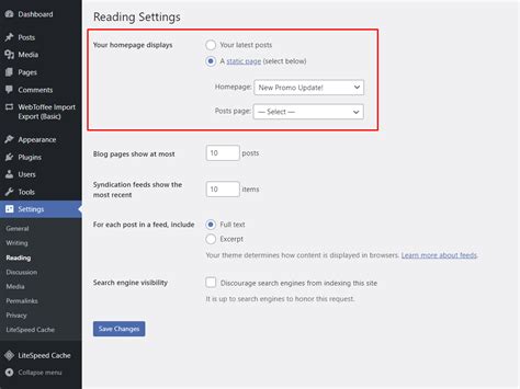 wordpress set default page