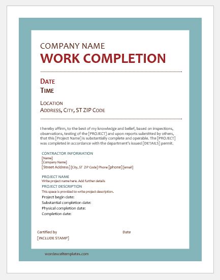 work completion report template word