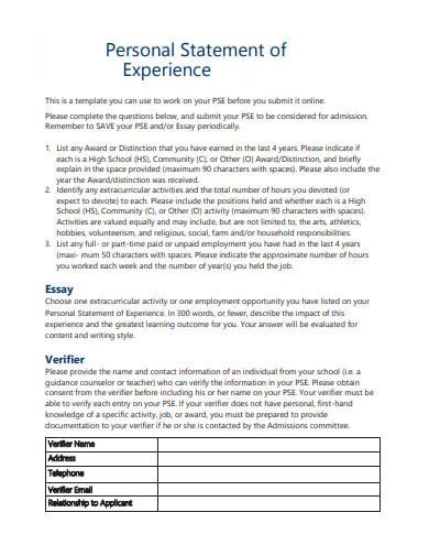 work experience statement sample