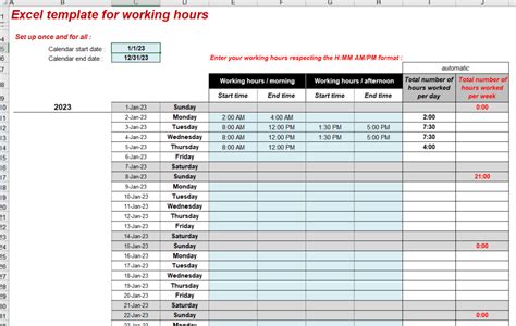 work hours excel template