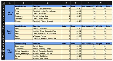 workout program excel sheet