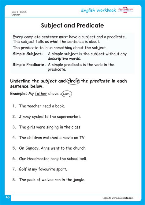 worksheet of subject and predicate for class 3rd with answers