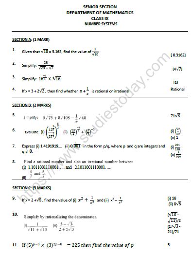 worksheet on number system class 9 with answers