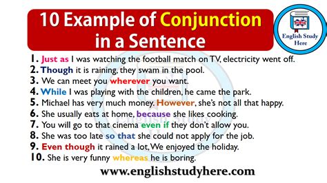 write 10 examples of conjunction