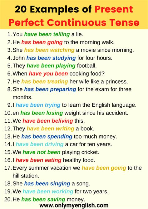 write 10 examples of present perfect continuous tense