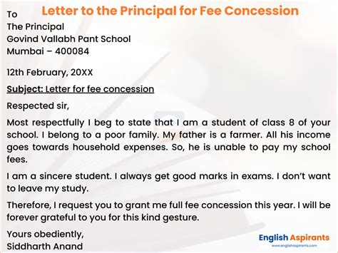 write a letter to the principal requesting for fee concession from teacher