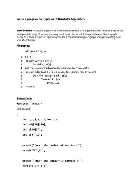 write a program to implement kruskal's algorithm