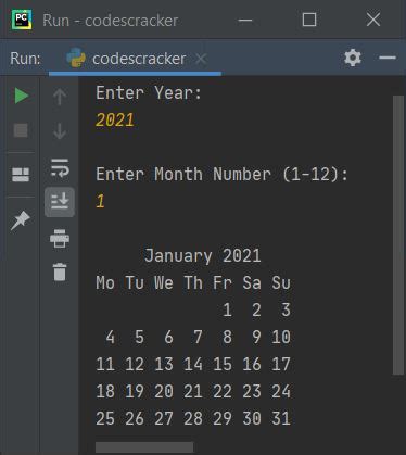 write a python program that will display calendar of given month using calendar module