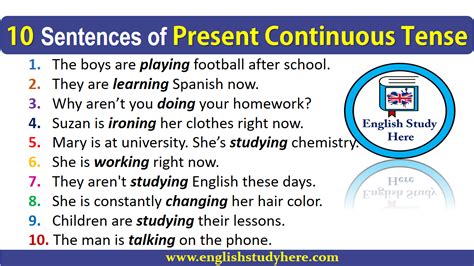 write five sentences using present continuous tense