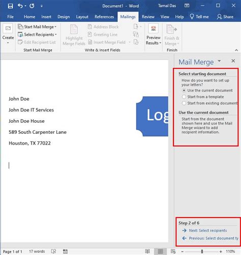 write the steps involved in mail merge wizard