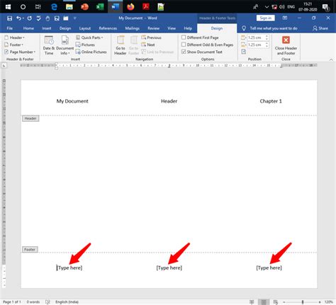 write the steps to add header and footer in ms word document