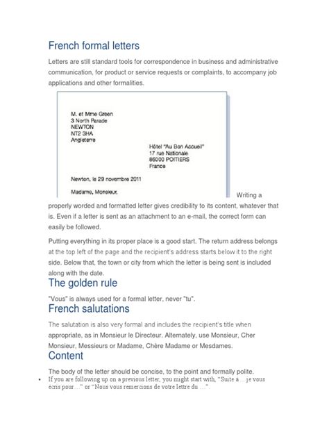writing a formal letter in french example