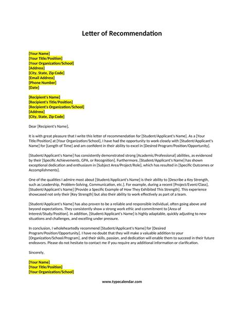 writing a letter of recommendation examples