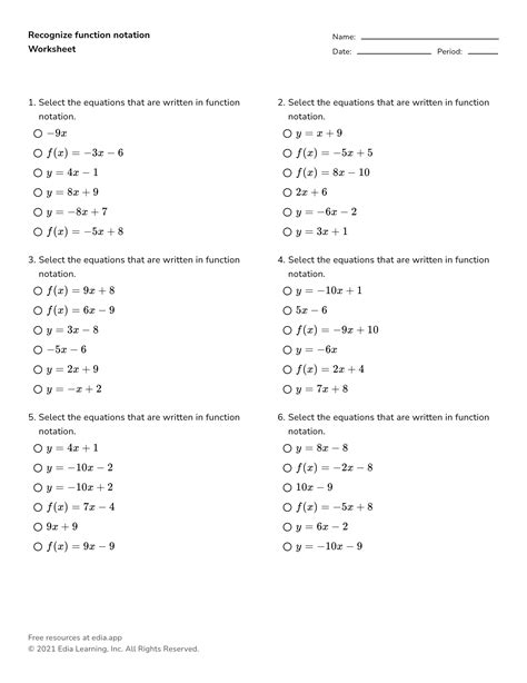 writing equations in function notation worksheet