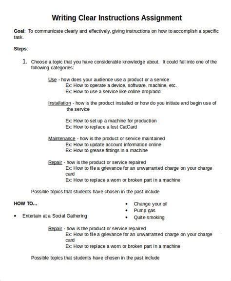 writing instructions assignment examples