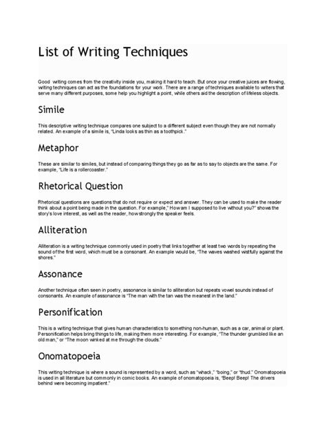writing techniques list pdf