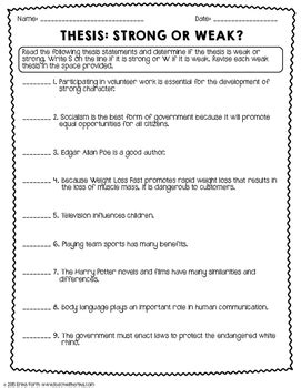 writing thesis statement practice worksheet answer key