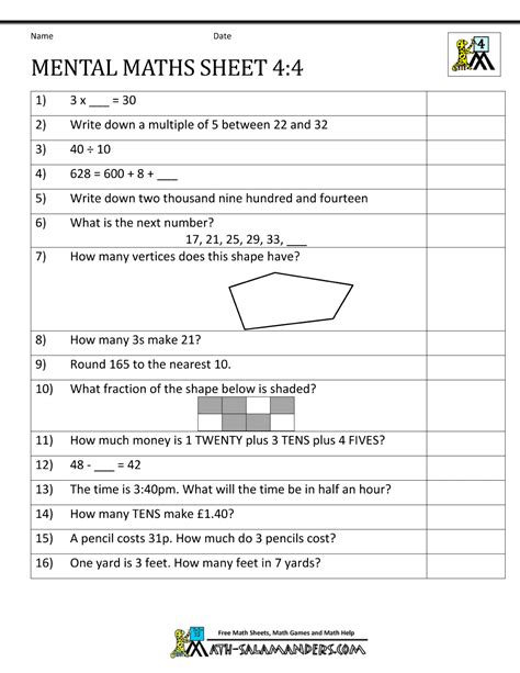 year 4 maths questions with answers