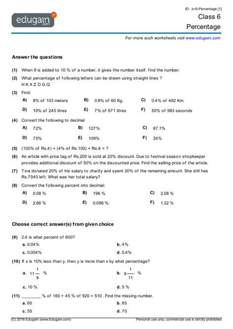 year 6 percentage questions and answers